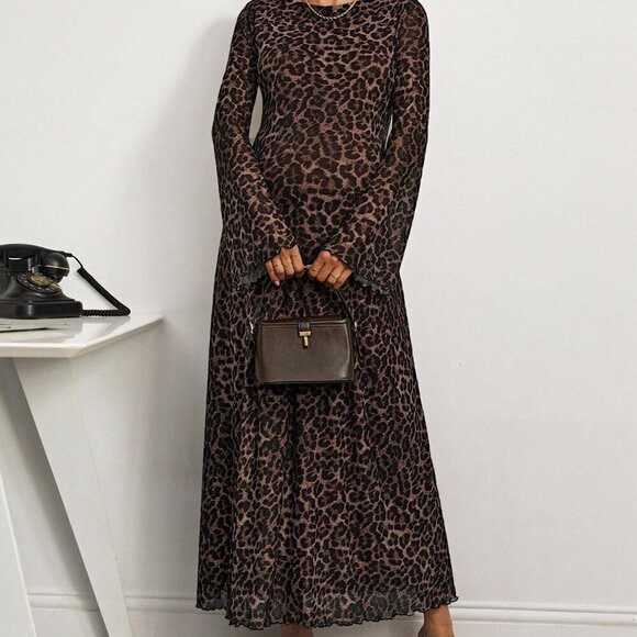Dresses & Skirts - Brown Elegant Women's Casual Leopard Long Sleeve Maternity Dress
